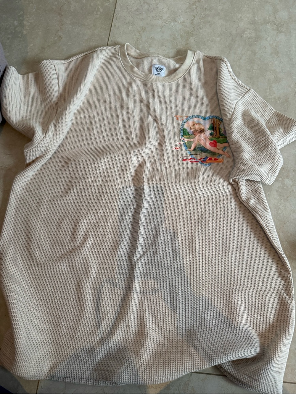 Boys Lie Cream Waffle Knit Short Sleeve Top with Beach Graphic